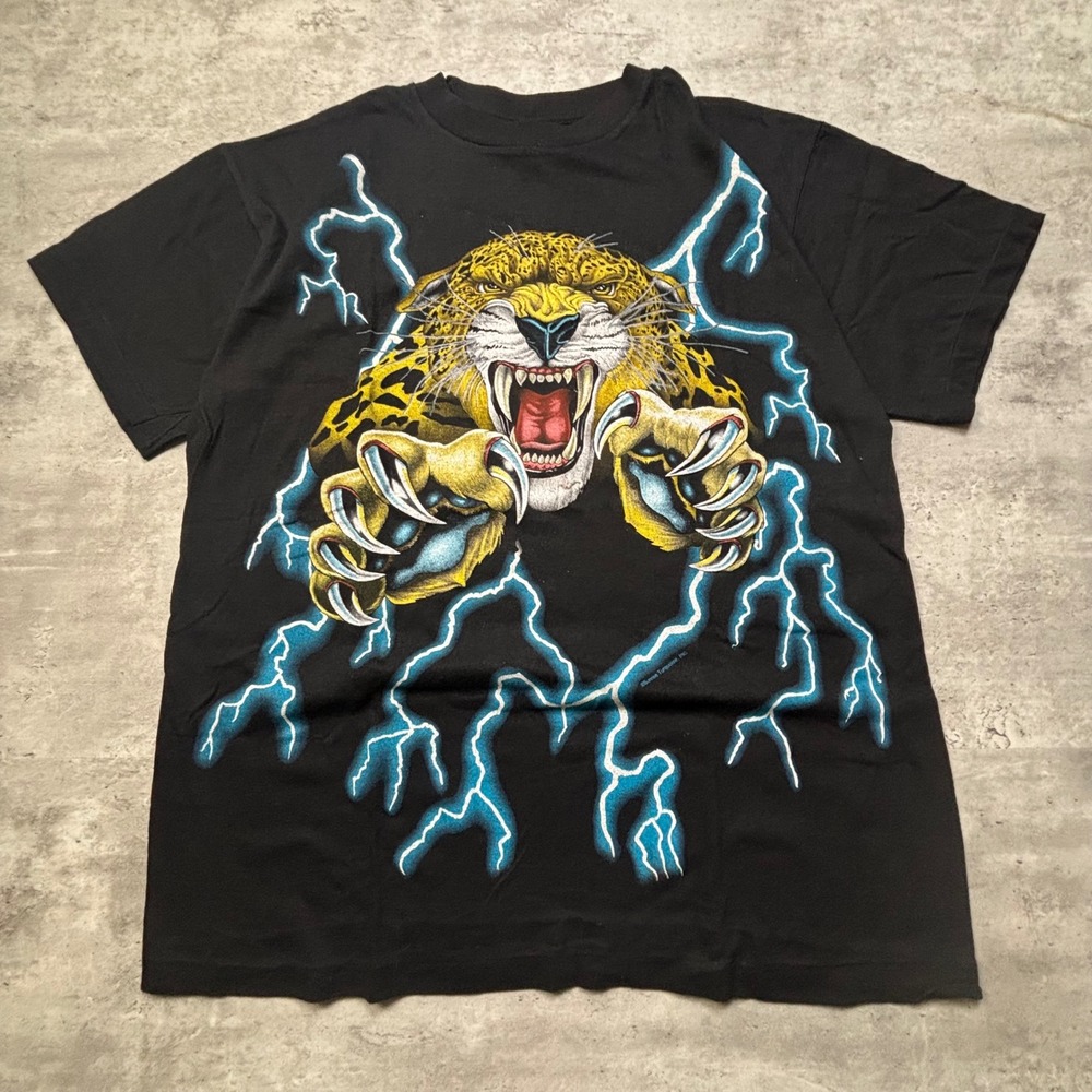 American Thunder T Shirt Large Black Jaguar Lightning Vintage 90s Tee Deadstock